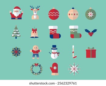 A collection of Christmas flat geometric icons including Santa, reindeer, snowflakes, Christmas tree, baubles, stockings, snowman, gingerbread man, candy cane, gift box, bell and mistletoe.