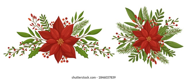 Collection of Christmas floral compositions with winter plants and berries. Modern design for Holidays invitation card,  poster, banner, greeting card, postcard, packaging, print. Vector illustration.