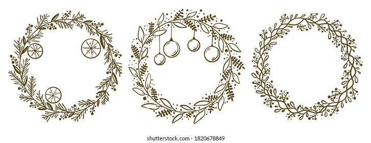 Collection of Christmas floral wreaths. Modern design for Holidays invitation card,  poster, banner, greeting card, postcard, packaging, print. Vector illustration. 