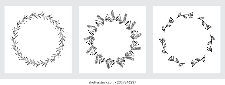 Collection of Christmas floral wreaths. Set of round frames for modern design for Holidays invitation card, poster, banner,  postcard, packaging, greeting card, print. Romantic floral hand drown frame