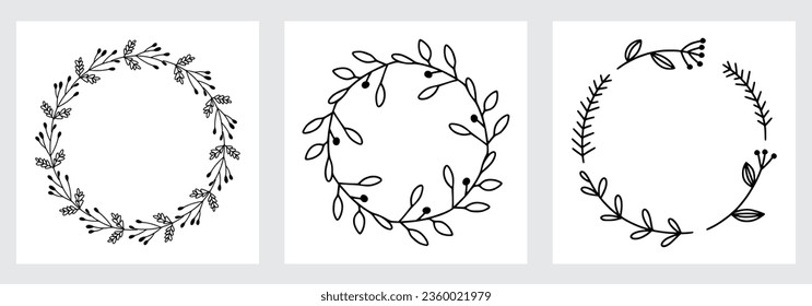 Collection of Christmas floral wreaths. Set of round frames for modern design for Holidays invitation card, poster, banner,  postcard, packaging, greeting card, print. Romantic floral hand drown frame