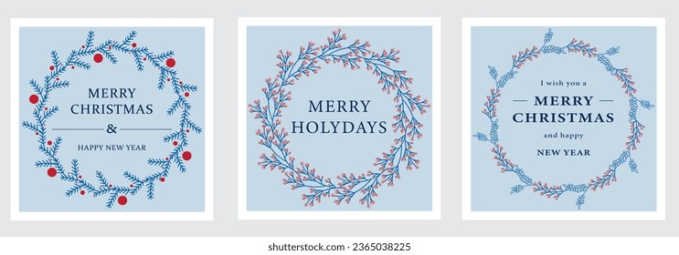 Collection of Christmas floral wreaths. Set of round frames for modern design for Holidays invitation card, poster, banner,  postcard, packaging, greeting card, print. Romantic floral hand drown frame
