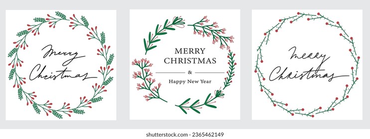 Collection of Christmas floral wreaths. Set of round frames for modern design for Holidays invitation card, poster, banner,  postcard, packaging, greeting card, print. Romantic floral hand drown frame