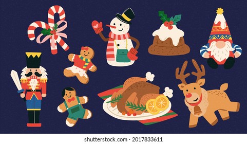 Collection of Christmas food and toy elements in flat style, isolated on blue background.