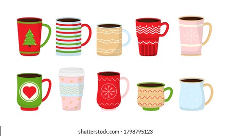 Collection Christmas funny cups. Christmas mugs with hot drink. Winter coffee and tea. Perfect for greeting cards, party invitations, posters, stickers, pin, scrapbooking, icons. Vector illustration.