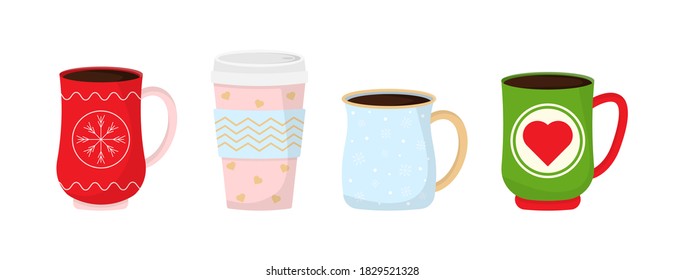Collection Christmas funny cups. Christmas mugs with hot drink. Winter coffee and tea. Perfect for greeting cards, party invitations, posters, stickers, pin, scrapbooking, icons. Vector illustration.