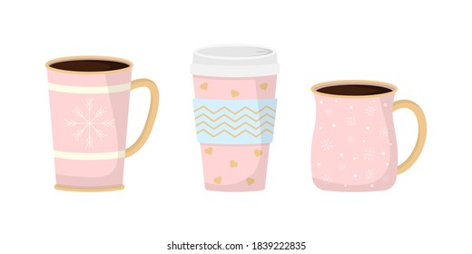 Collection Christmas funny cups. Christmas mugs with hot drink. Winter coffee and tea. Perfect for greeting cards, party invitations, posters, stickers, pin, scrapbooking, icons. Vector illustration.