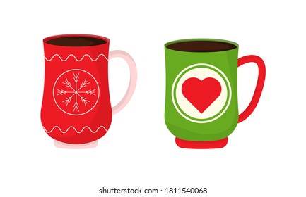 Collection Christmas funny cups. Perfect for greeting cards, party invitations, posters, stickers, pin, scrapbooking, icons. Christmas mugs with hot drink. Winter coffee and tea. Vector illustration.