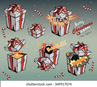 A collection of Christmas gift boxes some of which have a bomb inside/ Christmas gift collection