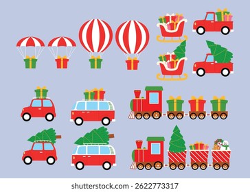 collection of christmas gift with parachute, balloon, red santa sleigh with christmas tree and present, car and van truck with christmas tree and gift, red train with festive element on cargo vector