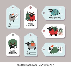 Collection of Christmas gift tags. Cartoon sheep illustrations with Christmas elements. Holiday Season Designs.	