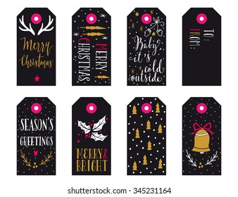 Collection of Christmas gift tags with hand lettering isolated on white background