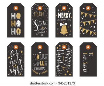 Collection of Christmas gift tags with hand lettering isolated on white background