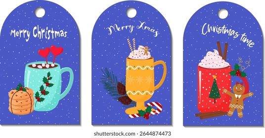 Collection of Christmas gift tags. Illustration of New Year mugs with festive drinks and holiday attributes. Cookies, gingerbread men, candy cane, fir branch with cones. Holiday labels for gifts