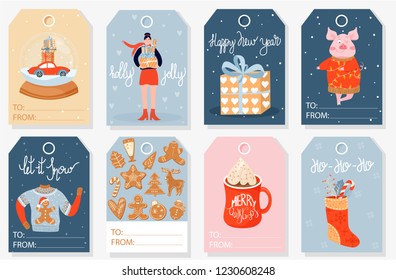 Collection of Christmas gift tags. New Year greeting card set with holiday cute elements. Vector illustration.