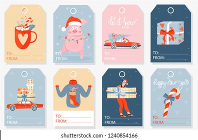 Collection of Christmas gift tags. New Year greeting card set with holiday cute elements. Vector illustration.