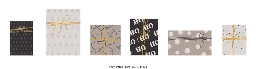 Collection of Christmas gifts for decorations, holiday gifts, winter knitted woolen clothes, pattern. Christmas gifts icon set isolated on white background. Vector illustration.