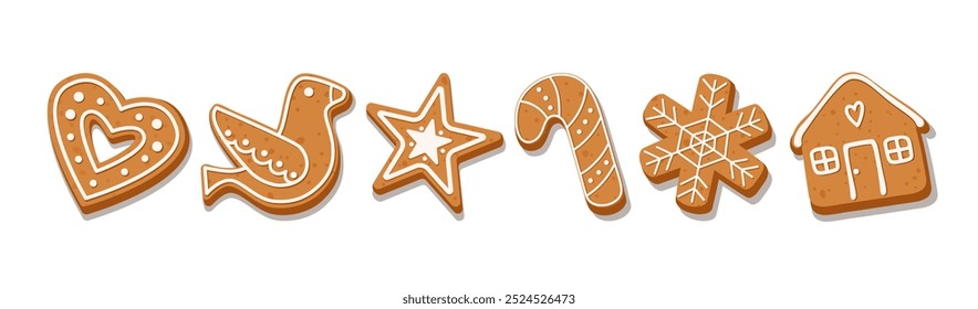 Collection of Christmas ginger cookies includes heart, House, bird, star, cane,  snowflake isolated on white background.