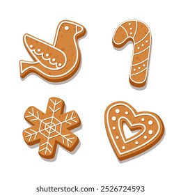 Collection of Christmas ginger cookies includes Gingerbread heart, Gingerbread bird, Gingerbread cane, Gingerbread snowflake isolated on white background.	