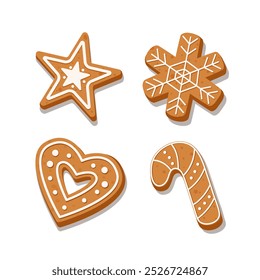 Collection of Christmas ginger cookies includes Gingerbread heart, Gingerbread star, Gingerbread cane, Gingerbread snowflake isolated on white background.	