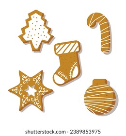 collection of christmas gingerbread cookies with icing sugar