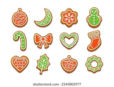 Collection Of Christmas Gingerbread Cookies Showcasing Snowflakes, Candy Canes, Stockings And Festive Decorations. Each Cookie Features Unique Icing In Red And Green Colors, Reflecting Holiday Spirit