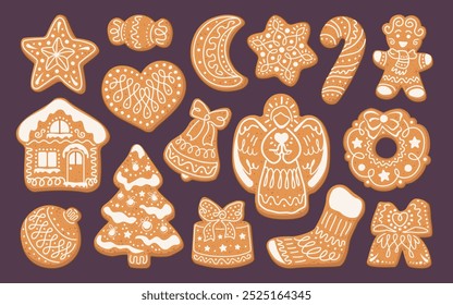 Collection of Christmas Gingerbread cookies stickers. Cute winter homemade sweets. Big set of New year holiday shapes isolated on green background. Vector illustration