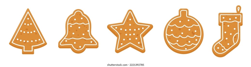 collection of christmas gingerbread cookies; christmas tree, bell, star, ball and sock -vector illustration