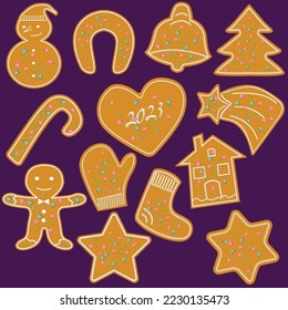 Collection of Christmas gingerbread. Gingerbread curly on a purple background. Vector, eps10