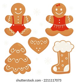 Colección de pan de jengibre de Navidad. Un hombre y una niña de pan de jengibre, un árbol, un corazón y una bota de navidad. Elementos vectoriales aislados para su diseño y decoración de Año Nuevo