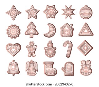 Collection of Christmas gingerbread of different shapes. Sugar cookies in the shape of New Year's figures.