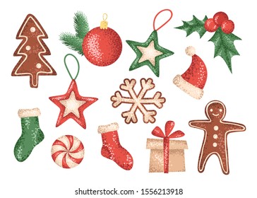 Collection of Christmas gingerbread, holiday toys for the Christmas tree on a white background. Vector set.