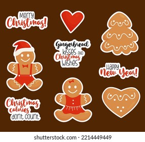 Colección de stickers de pan de jengibre de Navidad. Pan de gallina, árbol, corazón, letras de felicitación y inscripción fresca. Elementos vectoriales aislados para el diseño y decoración de Año Nuevo.