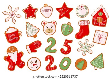 Collection Christmas gingerbread sugar glaze cookies Sweet homemade biscuit of hand painted ginger cake man, snowflakes, snowman and sock, tree, home and star Vector winter food illustrations isolated