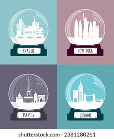 Collection of christmas glass snow balls with Paris, New York, London and Prague cities. Vector illustration