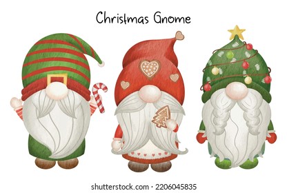 Collection Christmas Gnome - Merry Christmas. Hand drawn vector illustration watercolor cute gnome banner design. Xmas design for holidays decoration, greeting cards, gift tags, t-shirt print.