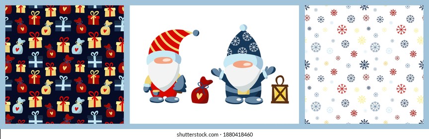 A collection of Christmas gnomes with a flashlight and gifts isolated on a white background, two patterns on a colored background with snowflakes. Children's vector illustration.