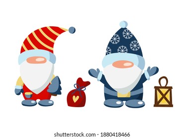 A collection of Christmas gnomes with a flashlight and gifts isolated on a white background. Children's vector illustration for clothing, packaging, gifts
