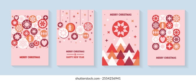 Collection of Christmas greeting card in modern style. Christmas ball, tree and snowflakes. Vector illustration