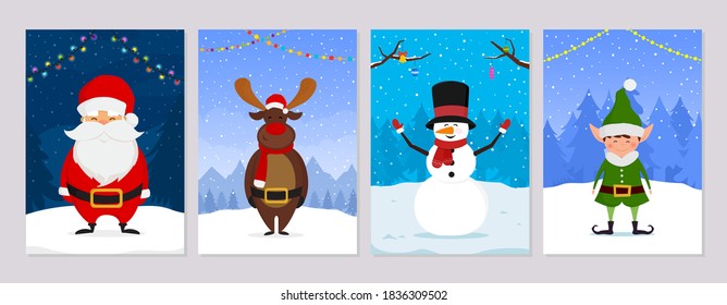 Colección de tarjetas de felicitación navideñas y pancartas con personajes de dibujos animados de invierno. Papá Noel, el elfo de Navidad, reno y hombre de nieve.