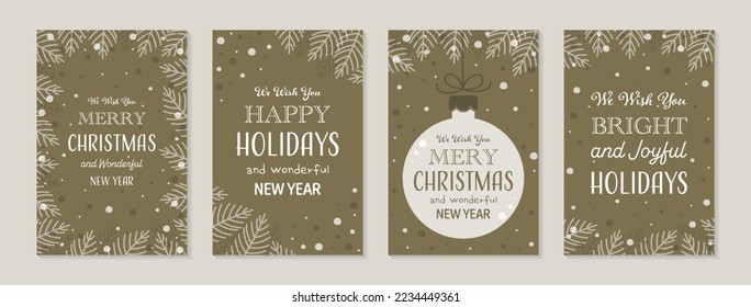 Collection of Christmas greeting cards with branches and hanging ball. Vector illustration