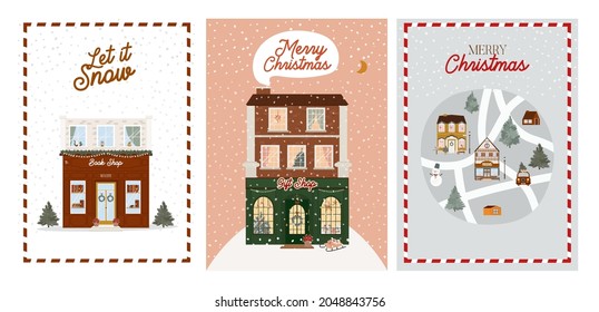 Collection of Christmas greeting cards with cute scandinavian houses with storefront and christmas map with car, houses, animals and tree. Editable vector illustration.