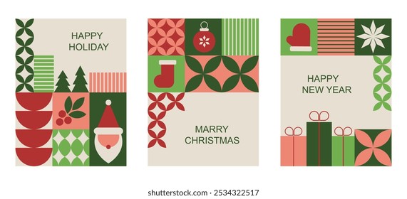 A collection of Christmas greeting cards featuring geometric mosaic banners with traditional holiday symbols.