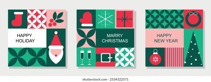 A collection of Christmas greeting cards featuring geometric mosaic banners with traditional holiday symbols. Perfect for festive greetings and seasonal designs in vector style.