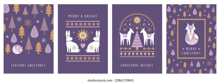 Collection of Christmas greeting cards with folk style woodland animals, reindeer in traditional vector concept design 