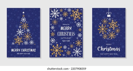 Collection of Christmas greeting cards with golden snowflakes. Vector illustration