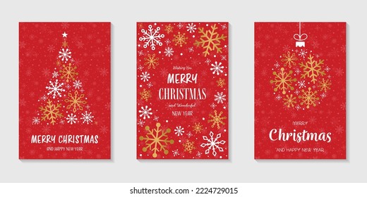 Collection of Christmas greeting cards with golden snowflakes. Vector illustration