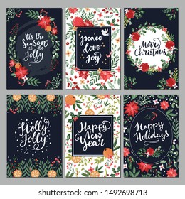 Collection of christmas greeting cards with hand lettering and hand drawn winter holiday and christmas elements and floral arrangement in traditional colors