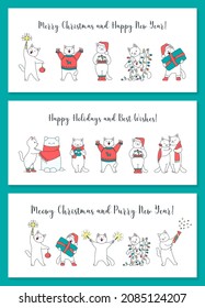 Collection of Christmas greeting cards. Illustration of cute kittens celebrating winter holidays isolated on a white background. Vector 10 EPS.