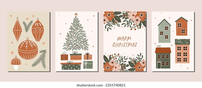 Collection of christmas greeting cards and posters with hand drawn winter holiday and christmas elements and floral arrangement. Set of winter christmas illustrations